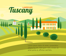 Tuscany Rural Landscape With Houses Banner . Vector