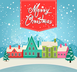 Marry Christmas greeting card vector illustration. Houses in snowfall, rural winter landscape at holiday eve. Xmas poster with christmas houses, snow covered little village, funny holiday background