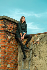 Wall Mural - Pretty girl on wooden ladder