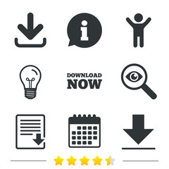 Poster - Download now icon. Upload file document symbol. Receive data from a remote storage signs. Information, light bulb and calendar icons. Investigate magnifier. Vector
