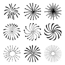 Set Of Hand Drawn Fireworks And Sunbursts. Isolated Black White Vector Objects.