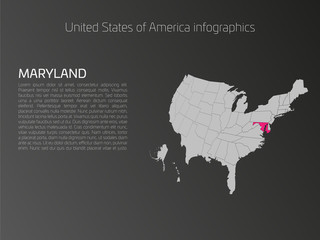 United States of America, aka USA or US, map infographics template. 3D perspective dark theme with pink highlighted Maryland, state name and text area on the left side.