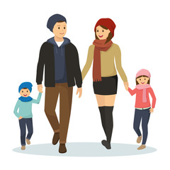 Wall Mural - Happy family walking along wearing winter clothes