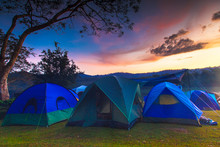 Holiday Camping With Twilight Background In Morning Sunrise