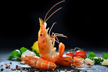 Cooked Shrimps,prawns With Seasonings On Stone Background