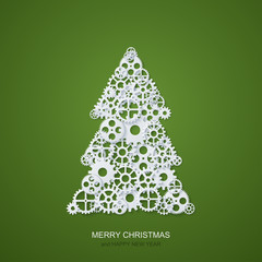 Sticker - Vector modern concept christmas tree and mechanism gears background. Invitation of xmas or happy new year.