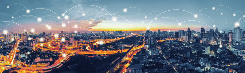cityscape with graphic of network concept, bangkok, thailand