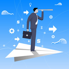 Wall Mural - Flying on paper plane business concept. Confident businessman in business suit with case and looking glass flying on paper plane. Searching for opportunities, looking for solution.