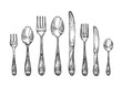 Cutlery set spoons, forks and knifes, top view. Sketch vector illustration
