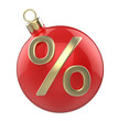New year Christmas-tree Christmas toy red ball with percent symbol. Designate the sale or discount. 3D render isolated on white background.