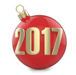 New Year and Christmas inscription 2017 with the Christmas-tree toy red ball. 3D render isolated on white background.
