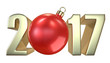 New Year and Christmas inscription 2017 with the Christmas-tree Christmas toy red ball. 3D render isolated on white background.