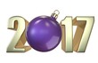 New Year and Christmas inscription 2017 with the Christmas-tree toy purple ball. 3D render isolated on white background.