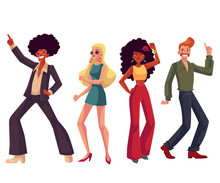 People In 1970s Style Clothes Dancing Disco, Cartoon Style Vector Illustration Isolated On White Background. Men And Women In 60s, 70s Style Clothing Dancing At Retro Disco Party