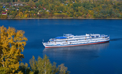 Вig cruise liner on Volga River the top view.