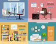 Office rooms set. Detailed graphic room interiors with furniture: office tables, chairs, laptops and office supplies. Modern workplaces. Flat style vector illustration.