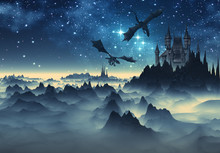 3D Created And Rendered Fantasy Landscape With Dragons And A Castle