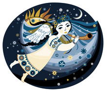 Beautiful Angel With The Trumpet Flying In The Night Sky Clouds. Vector Illustration.