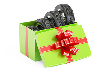 Poster - gift box with winter wheels, 3d rendering