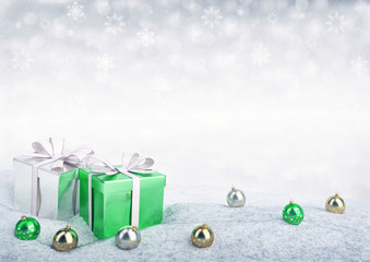 Wall Mural - Christmas gift boxes and balls on snow.3D render
