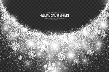 Wall Mural - falling snow effect on transparent background vector illustration. abstract bright white shimmer glo