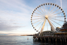 Sunset View Of Ferris Wheel In Seattle