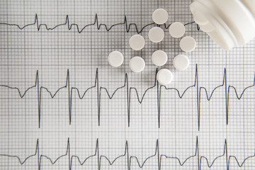 Wall Mural - Pills spilling out of pill bottle on EKG graph background. Medic