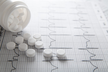 Wall Mural - Pills spilling out of pill bottle on EKG graph background. Medic