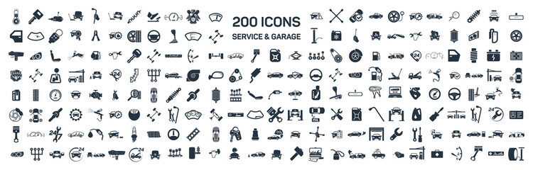 car service & garage 200 isolated icons set on white background,