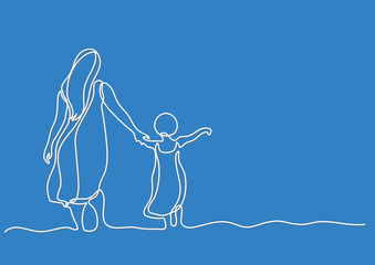 Wall Mural - continuous line drawing of mother and child in the sea