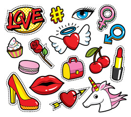 fashion patch badges with lips, hearts, love and other elements. vector illustration isolated on whi