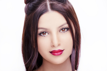 Wall Mural - Young  beautiful woman with bright makeup on white background