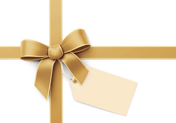 Wall Mural - golden ribbon with bow and blank tag - crosswise