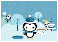 Cute Penguins With Hats, Scarves, Skates In Winter  Scene For Greeting Cards