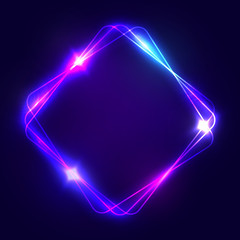 neon sign. square glowing light banner with blank space. electric rectangle frame on dark blue backg