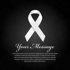 Wall Mural - funeral card - white ribbon and place for text on soft flower abstract black background