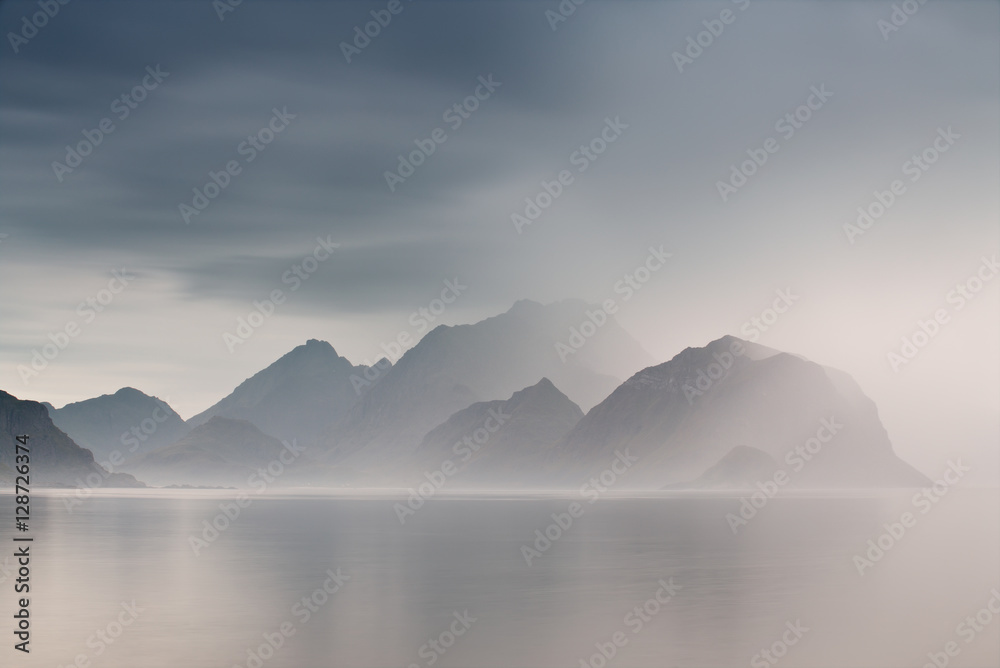 Summer cloudy Lofoten islands. Norway misty fjords. - obrazy, fototapety, plakaty 