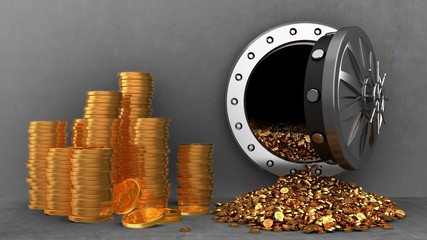 Wall Mural - 3d illustration of vault door and coins over concrete background with coins