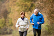 © Halfpoint - Beautiful senior couple running outside in sunny autumn forest
