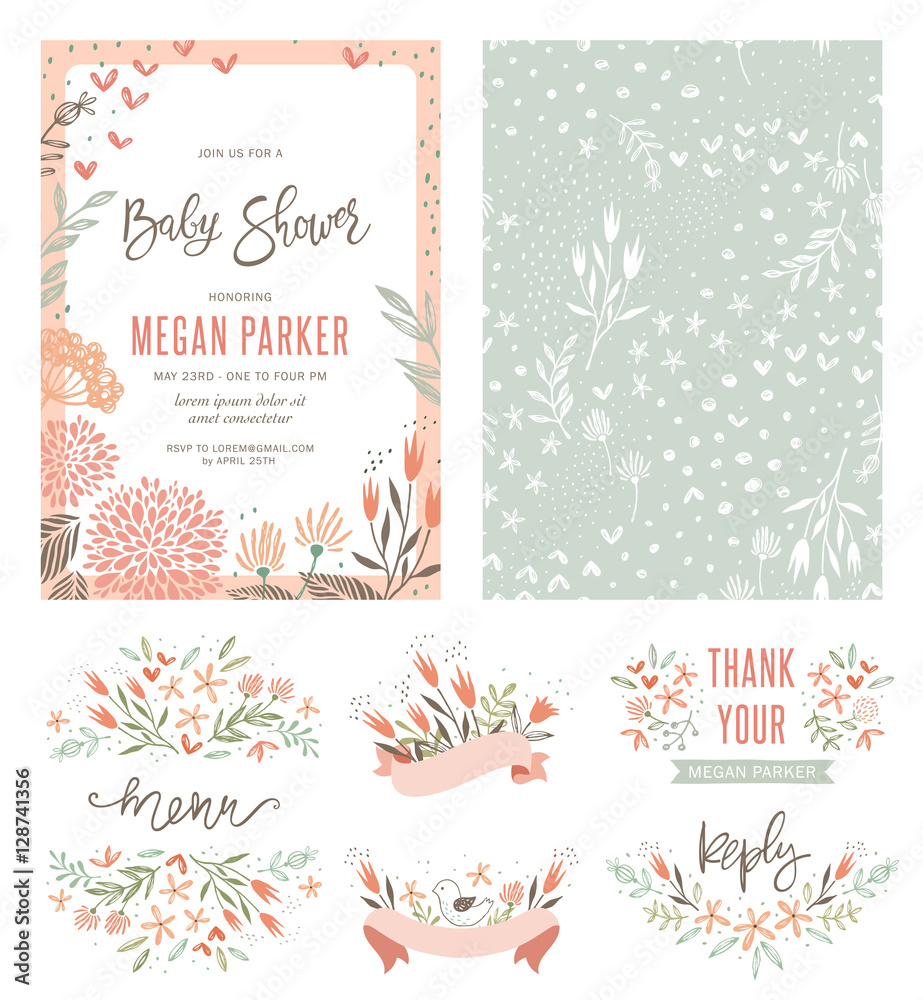 Baby Shower invitation templates with floral and typographic design elements. Menu, Thank Your, Reception Card, seamless pattern and banners. Vector illustration. - obrazy, fototapety, plakaty 