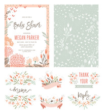 Baby Shower Invitation Templates With Floral And Typographic Design Elements. Menu, Thank Your, Reception Card, Seamless Pattern And Banners. Vector Illustration.