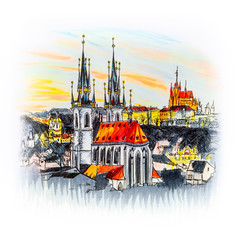 Wall Mural - Aerial view over Church of Our Lady before Tyn, Old Town and Prague Castle at sunset in Prague, Czech Republic. Picture made markers