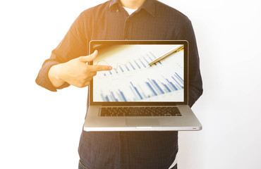 Young man working with laptop, man's hands on notebook computer,