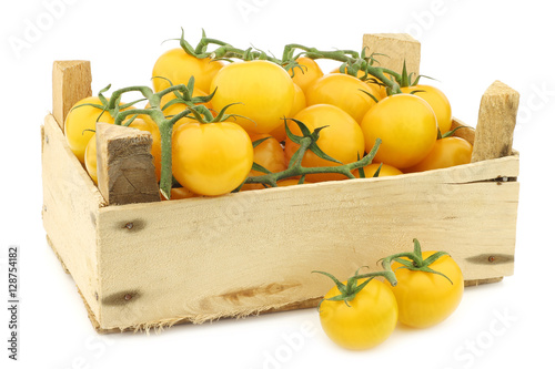 fresh dutch yellow tasty tom tomatoes on the vine in a wooden crate on a white Fototapet