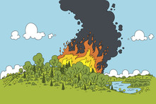 A Cartoon Natural Landscape With A Raging Forest Fire Burning Through Bright Green Trees And Releasing Clouds Of Black Smoke.