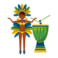 cartoon brazilian woman dancer and  drum instrument icon over white background. brazil culture concept. colorful design. vector illustration