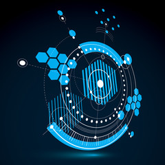 Poster - Technical blueprint, blue vector digital background with geometr