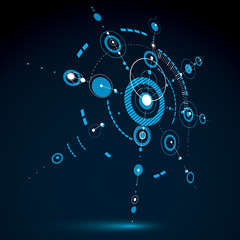 Fototapete - Technical blueprint, blue vector digital background with geometr