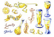 Traditional Italiannhomemade lemon liqueur limoncello. A large set of isolated  elements- carafe of limoncello, peel, slice, label, in sketch style. Hand drawn watercolor painting on white background.