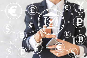 Wall Mural - Businesswoman touched bank sign with check mark on touch screen on background of network currency. Businessman presses bank button with checkmark . Business concept, finance, currency, banking, stock.